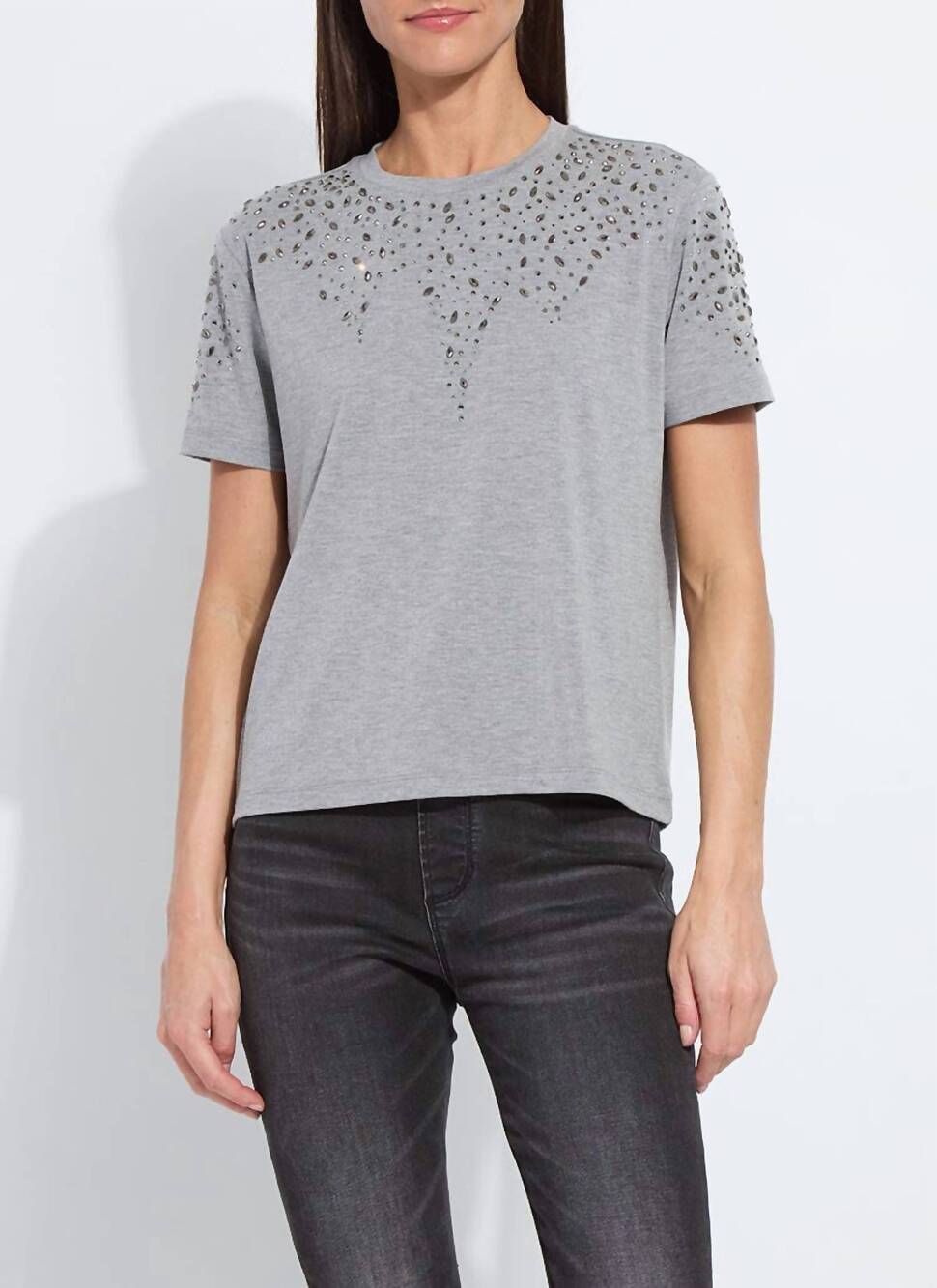 NEW LYSSE malva embellished crew neck top in dark heather grey